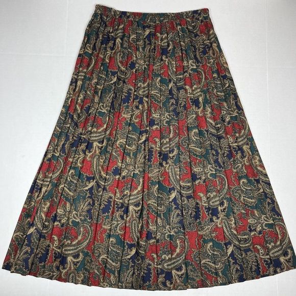 Vintage Jeffrey and Dara Midi Pleated Paisley Skirt Size 9/10 Green Red Pull On - Picture 2 of 8